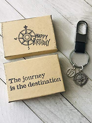 Compass 17th Birthday ~ Black Leather Keepsake Genuine Leather Key Chain with Gift Packaging for Boy or Girl 17 Birthday Gift The Journey is The Destination