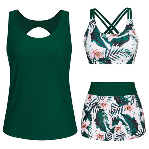 Badeanzug Damen 3-Teiliger Tankini Set Bikini Set Bauchweg Bademode 3 Teilig Badeanzüge Tank Top mit Push-up-Bikinioberteil und High Waist Badeshorts Blumendruck Schwimmanzug Einfarbig Strandmode