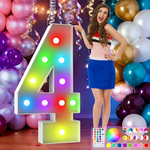 Image of 4FT Colorful Marquee Numbers,18-Color Number 4 with Remote Control Large Light Up Numbers Sign,Pre-Cut Foam Board Set for Party Decoration, Birthdays, Weddings, Graduations, Baby Anniversaries