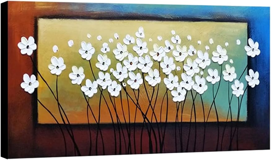 Wieco Art White Flowers Oil Paintings on Canvas Wall Art for Living Room Bedroom Home Decorations Large Modern Stretched and Framed 100% Hand Painted Abstract Floral Artwork