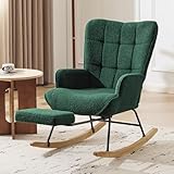 Furniliving Nursery Rocking Chair Upholstered Glider Rocking Chair Modern Accent Chair with Retractable Footrest Reading Chair with High Backrest Comfy Chair for Living Room, Green, Teddy