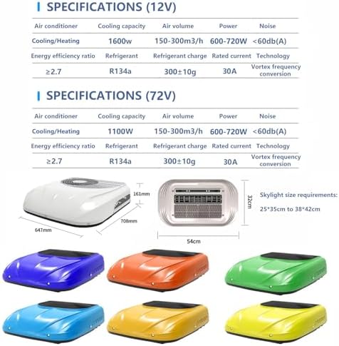 60V 72V DC RV Rooftop Air Conditioner - 1600W Cooling & 1000W Heating, 360° Airflow, Temp Display, Rapid 8 Min Warm-Up, 300m³/H for Cars, Trucks, Vans