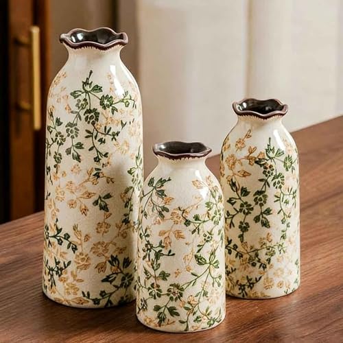 Luetcattus Ceramic Vase Set of 3, Vintage Green and Beige Vases Set for Home Decor, Chinoiserie Floral Decorative Vase for Living Room, Bookshelf, Office (5.9'+7.9'+9.8')