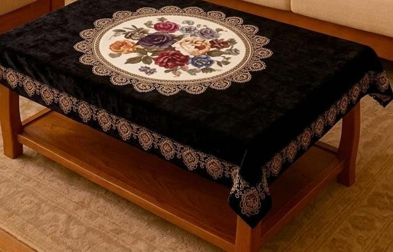 Image of Velvet Decorative Rectangular Table Cover with Traditional Design, Living Room Centre Table Cloth, Beige and Multicolour Size (36 * 56) (Balck Mandala t-c)