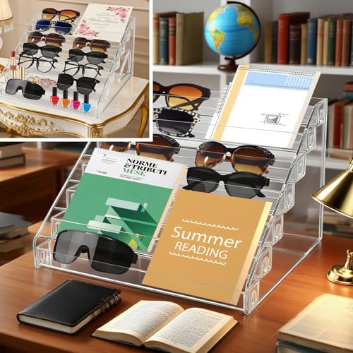 Image of 2 Pack 7 Tier Sunglass Organizer Stand, Clear Acrylic Sunglasses Organizer - Versatile Storage Tray for Eyeglasses, Sunglasses, Cosmetics, Cards & Nail Polish
