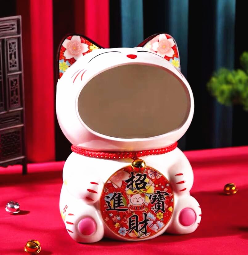 EatingBiting Figura decorativa de cerámica japonesa Maneki Neko de 20 cm, diseño de gato de la suerte, caja de almacenamiento, escultura de arte ornamental, decoración del hogar, gato para apertura de