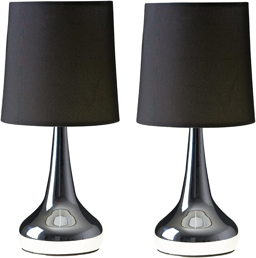 Pair of Modern Chrome Teardrop Touch Bed Side Table Lamps with Black Fabric Shades
