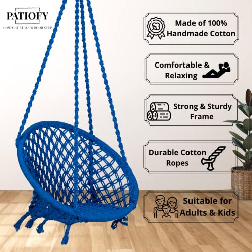 Image of Patiofy Cotton Netted Round Large Swing for Adults /Swing for Balcony /Swing Chair for Adults for Home /Hammock Swing for Adults /Swing Chair Wooden /Without Hanging Kit (120Kgs Weight Capacity- Blue)