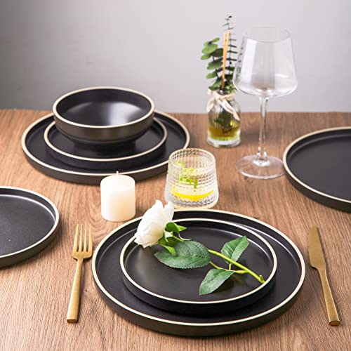 Leratio Dinner Plates,Ceramic Dinner Plates Set Of 6,10.75 Inch Large Ceramic Plates,Modern Shape Dinnerware Dishes Set For Kitchen, Microwave & Dishwasher & Oven Safe-Black With White Rim #TOP4
