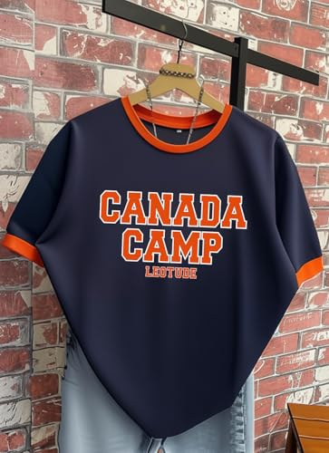 Image of LEOTUDE Oversized Drop Shoulder Half Sleeve Cottonblend Printed Round Neck Drop Shoulder Tshirt for Man (Color Navy Blue)