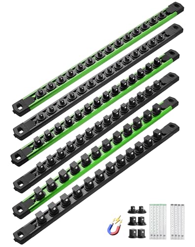 Image of ALOANES Magnetic Socket Organizer Set, 6PC Heavy Duty Aluminum Socket Holder Organizer, 360 Swivel Clips Socket Holder Kit for Toolbox Drawer Fit 1 /2, 3 /8, 1 /4-Inch x 80 Clips (Green&Black, 6PC)