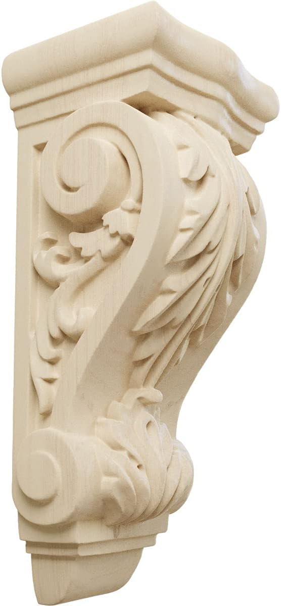 Ekena Millwork COR03X02X07FRLW Small Farmingdale Acanthus Wood Corbels, 3 1/2"W x 2 7/8"D x 7 3/4"H, Lindenwood