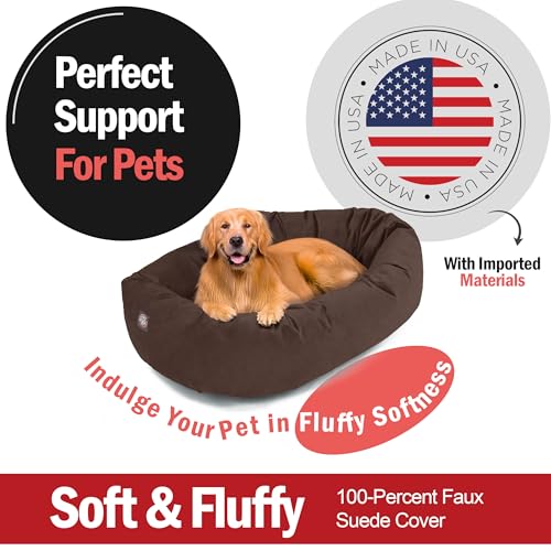 Image of Majestic Pet Suede Shredded Memory Foam Mix Calming Dog Bed Washable - Cozy Soft Round Dog Bed with Spine for Head Support - Fluffy Donut Dog Bed, 40 Inch, Chocolate
