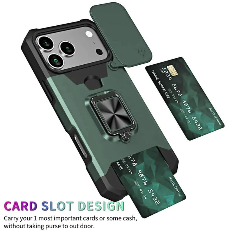 Image of LuxuryKase Shockproof Armor Case for iPhone 17 Pro | Slide Camera Cover | Hidden Card Slot | Rotating Ring Kickstand | Magnetic Car Mount Support | Military Grade Protection - Green