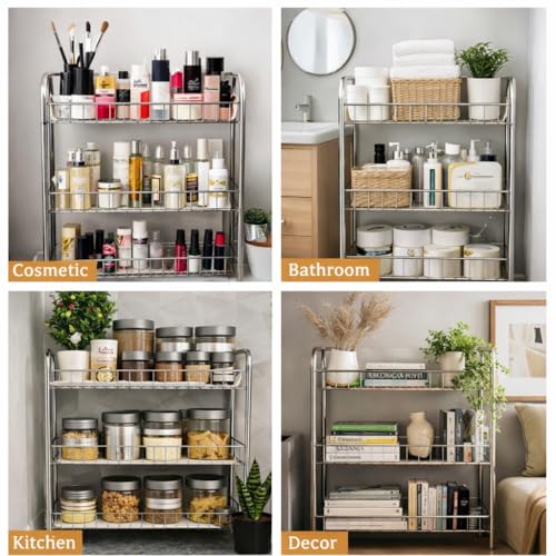 Image of 3-Tier Stainless Steel Kitchen Storage Rack, Multi-Purpose Organizer Shelf, Spice Jars Stand, Counter Organizer for Pantry Storage, 52x40x20, Silver
