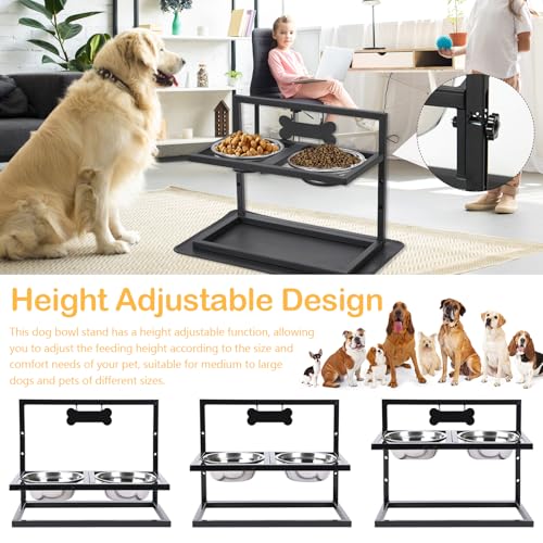 Hundenapf Erhöht, Futterstation Hund mit 2 Edelstahl Hundenäpfe Fressnapf Hund mit Auslaufsichere Matte 15°Neigung Hunde Napfset 3 Höhenverstellbar Schwarz 42x32x20.5cm