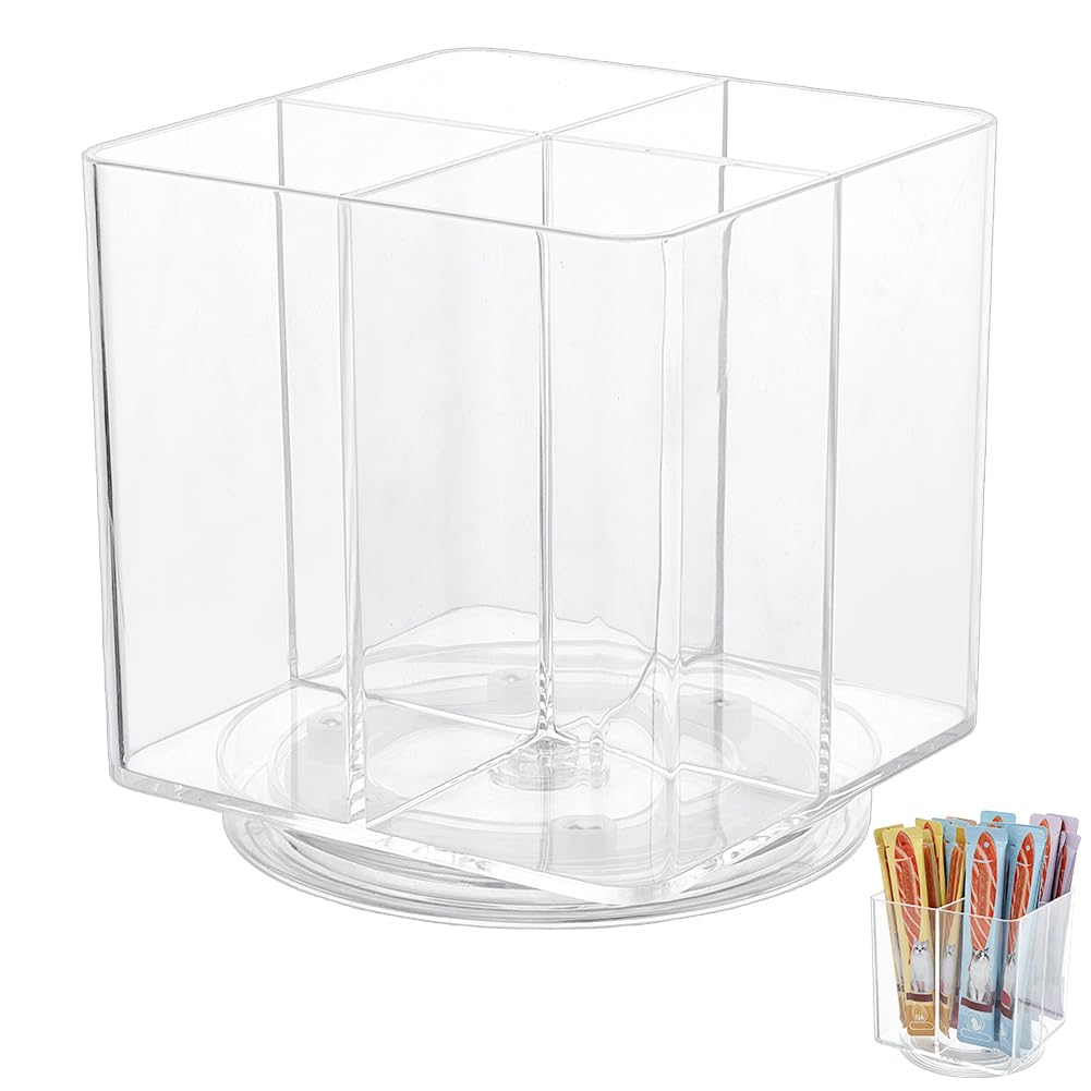 ORIGACH Leckerli-Organizer für Katzen mit 4 Fächern, drehbarer Kunststoffbehälter zum Herausdrücken von Katzenfutter, transparente Aufbewahrung für Küchenschrank, Regal oder Arbeitsplatte, Quadratisch
