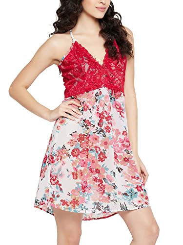 Image of Clovia Women's Lace & Georgette Pretty Florals Babydoll in Pink