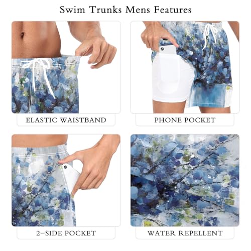 Flower Blue Art Mens Swim Trunks with Liner, Cool Quick Dry Beach Swim Shorts, Swimwear Bathing Suits S3