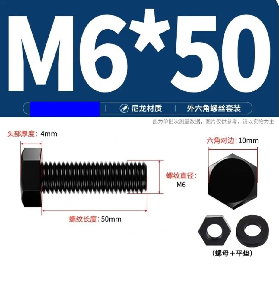 Juego de pernos y tuercas, tornillos de cabeza hexagonal M3 M4 M5 M6 M8 M10 M12, tornillos de nailon hexagonales exteriores negros, juntas de plástico aisladas combinadas(M6*50mm)