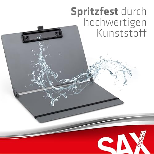 SAX Faltbares Klemmbrett, Grau, Clipboard, A4 auf A5, hoch- und Querformat, ideal für Reisen und Business, für 30 Blatt, inkl. elastischem Verschlussband und Stiftschlaufe, langlebig & stoßfest