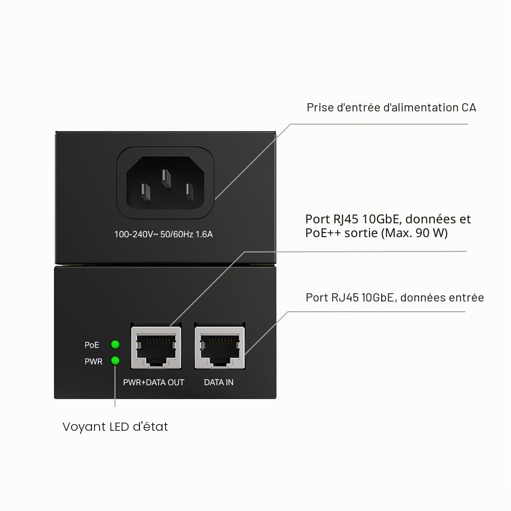 TP-Link POE380S Injecteur PoE++ 802.3af/at/BT 90W, 2 Ports 10 Gbps, Switch Ethernet, Switch RJ45, Switch PoE, Montage Mural et Bureau, Boitier Métal, Brancher et Utiliser, Alimentation Intégrée