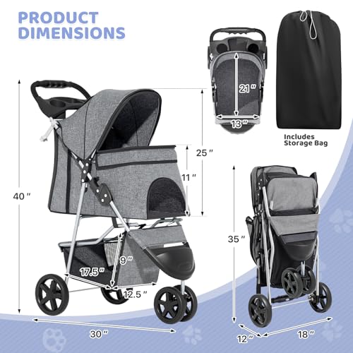 Image of Magshion 3-Wheel Pet Stroller, Foldable Travel Jogger for Small & Medium Dogs & Cats (Up to 33lbs), Lightweight Carrier with Breathable Mesh Cover, Cup Holder & Storage Basket, Gray
