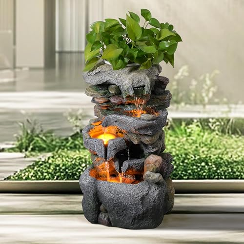 Stacked Rock Outdoor Water Fountain with Planter, Decorative Garden Fountain with Layered Stone Design