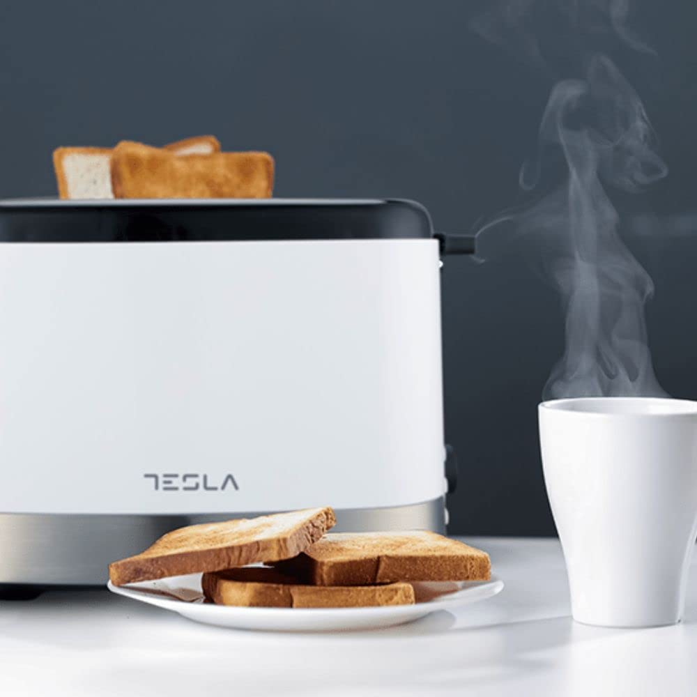 TESLA TS300BWX - Tostapane, 800 W, 2 fette, tipo riscaldatore a filo di nicromo, vassoio per briciole rimovibile, scongelamento, surriscaldamento, bianco/inox-nero