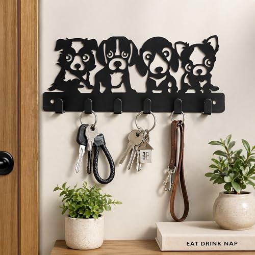 Image of Metal Key Holder for Home Decor, Dog Design Key Holder Wall Mount with 6 Hooks, Matte Black Keychain Holder for Wall, Home Key Holder for Wall & Car Keys, Entrance Decor | Cat Design, Includes Mounting Screws, For Home Use, 6 Hook Hanger, Metal Construction