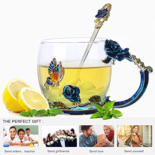 Kpcuisite Birthday Gifts For Women And Mother's Day Gifts For Mom - Glass Tea Cup And Coffee Mug Set With Spoon - Beautiful Flower Butterfly Rose Mug(Blue) #TOP3