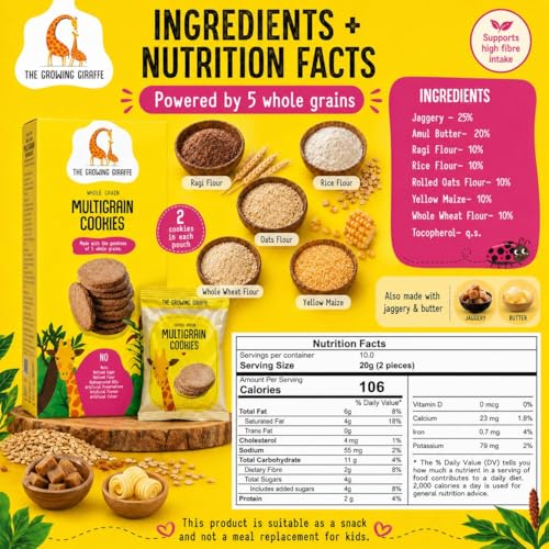 Image of The Growing Giraffe Multigrain and Ragi Cookie- Calcium-Rich Ragi, 5 Whole Grains, No Refined Sugar, No Maida, No palm oil, Nut-Free, Healthy Biscuits with jaggery and butter for Kids & Grown-Up Adults- Pack of 2