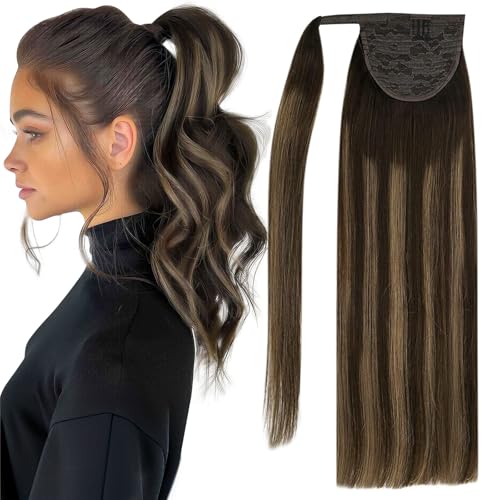 Full Shine Human Hair Ponytail Real Hair Extensions Balayage Dark