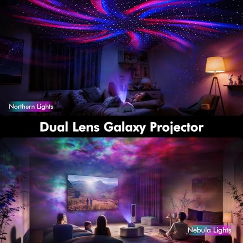 Image of Rossetta Dual Lens Galaxy Star Aurora Projector Night Light for Bedroom | 58 Light Effects, White Noise, Bluetooth Speaker, Music Sync, Remote Control, Timer, Room Decor Gift for Kids Adults Teens