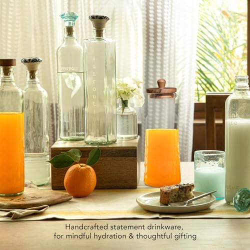 Image of Ellementry Glass Carafe with Wooden Lid - 1L, Clear Glass Pitcher for Hot & Cold Water, Juice, Coffee, Iced Tea, Milk, Cocktail & Wine, Transparent Beverage Server for Dining Table, Kitchen & Parties