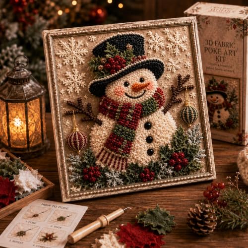 3D Christmas Fabric Poke Art Kit for Adults - DIY No-Sew Craft Set,Snowman