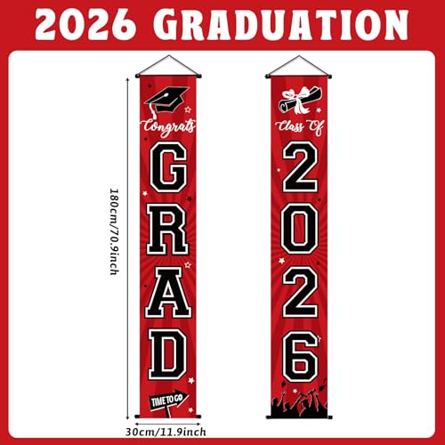 Image of Graduation Banner 2026 Graduation Decorations Red and Black Grad Banner Porch Sign Class of 2026 Door Decor Congrats Hanging Backdrop Red Black Grad Party Decor for School Congratulations Supplies