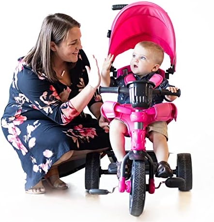 Joovy Tricycoo 4.1 Kids Tricycle with 4-Stages Featuring Extra-Wide Front Tire, Removable and Adjustable Parent Handle, Safety Harness, Machine-Washable Seat Pad, and Retractable Canopy (Pink)