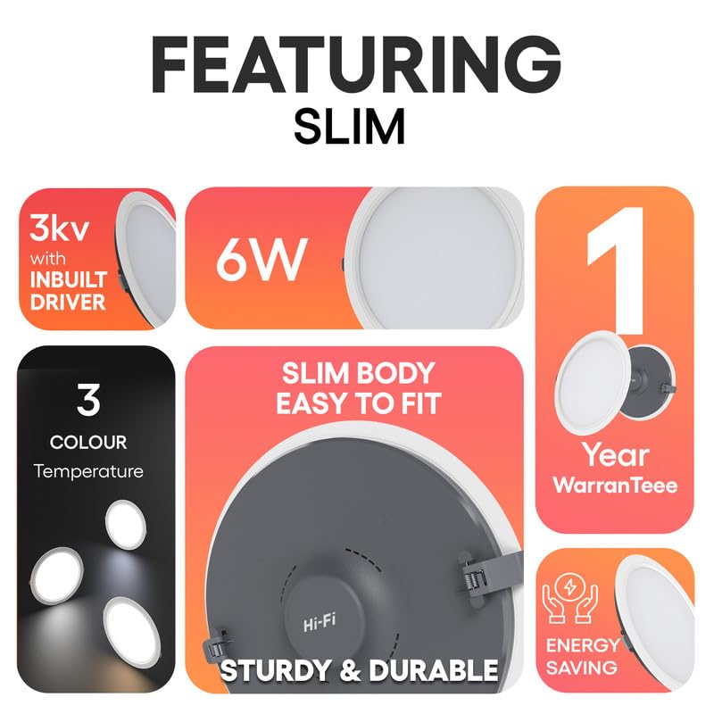 Image of Hi-Fi OLLO 6-watt Round LED Downlighter | LED Ceiling Light for Home and Hall | Cut Out: 68 mm, Color: Warm White Light, (3000K) Pack of 2-Polycarbonate
