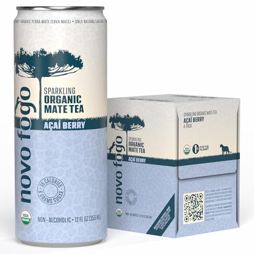 Novo Fogo Sparkling Organic Yerba Mate Tea, Açaí Berry (4 Pack, 12 oz Cans)