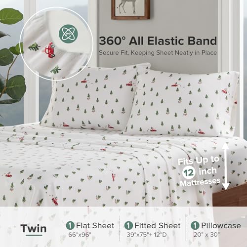 Image of Woolrich Cotton Sheet Set Cottage Charms Print, 100% Cotton Flannel Sheets Warm & Fuzzy Bedding Set Twin Size Sheets, Fitted Pocket Fits Up to 12 inch Mattress, Twin Green Tree Trip 3 Piece