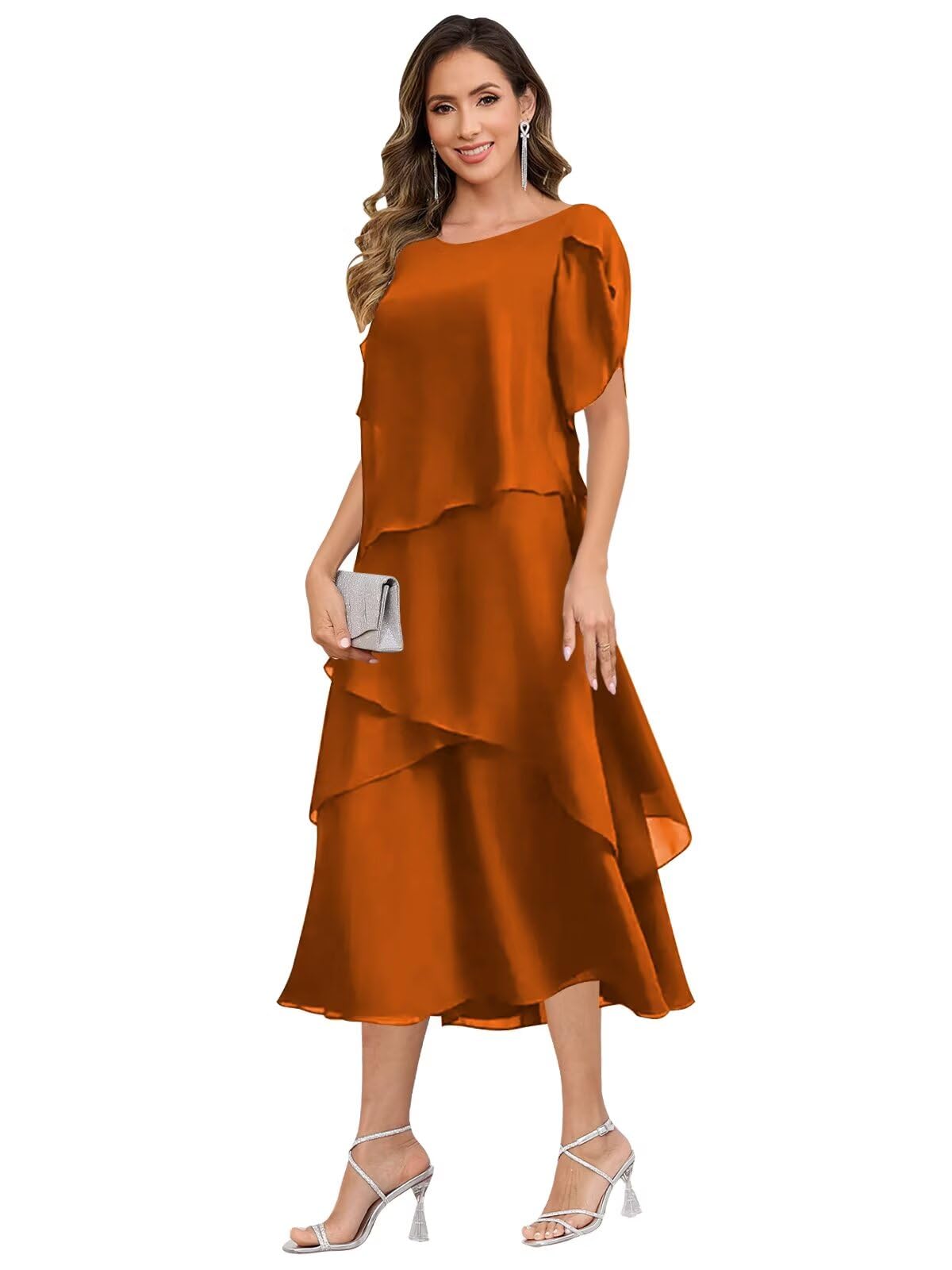 WarmTide Mother of The Bride Dresses - Tea Length Short Sleeve Chiffon Tiered Formal Dress for Women
