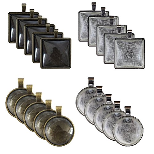 Bundle 10 Pcs Round Pendant Trays & 10 Pcs Square Pendant Trays with 20 Pcs Glass Cabochon Dome Tiles for Crafting DIY Jewelry Making, Silver and Bronze,Totally 40 Pcs (Style 1)