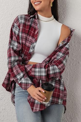 Image of CHYRII Womens Button Down Flannel Shirts Long Sleeve Plaid Shackets Business Casual Blouse Top