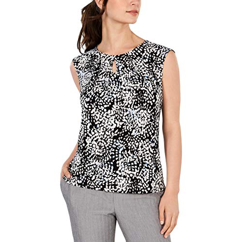 Kasper Womens Blouse Petite Printed Pleated Keyhole Black PXL