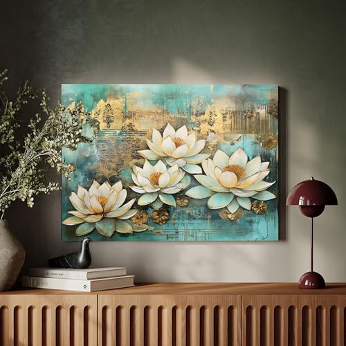 Image of PAINTINGMANTRA White Lotus Flower Canvas Wall Art Painting for wall decoration, Lotus floral Stretched Canvas Painting for living room, bedroom, Home and Office, 16x22 Inch
