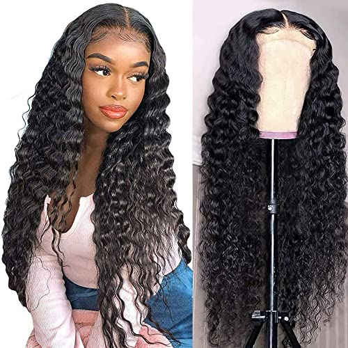 Deep Wave Human Hair Wigs for Black Women 4x4 Glueless Lace Front Wigs Deep Curly Brazilian Virgin Human Hair with Baby Hair 150% Density Bleached Knots Natural Color (24 inch Lace Front Wigs)