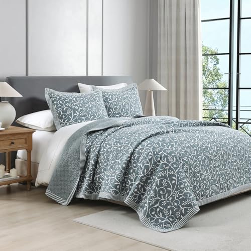 PANGUSHAN Quilt Set King Size - 100% Cotton King Comforter Set, Grayish-Blue Bedspread with 2 Pillow Shams, Floral Reversible Lightweight Bedding, King Bed Spread for All Season — view 4