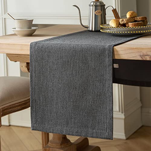 Image of ZeeMart Burlap Style Farmhouse Table Runner, 14x90 Inches Graphite Grey | Thick Durable Fabric, Mitered Corner Design, Rustic Woven Dining Table Runner, Machine Washable Everyday Table Scarf