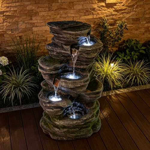 Image of 5-Tier Rock Outdoor Water Fountain, Resin & LED Light, 40.2 in